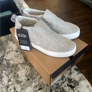 Hey Dude Women's Slip-On Sneakers in Light Tan Fabric with White Sole